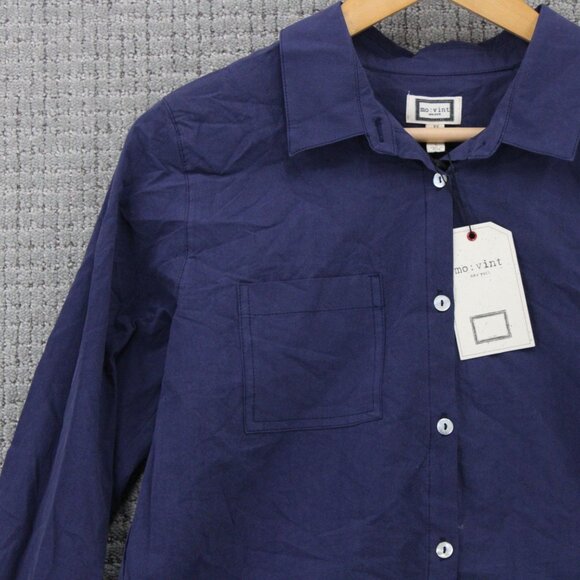 Mo:vint By Anthropologie Shirt Women Small Navy Blue Button Down Long Sleeve NWT - Picture 3 of 9